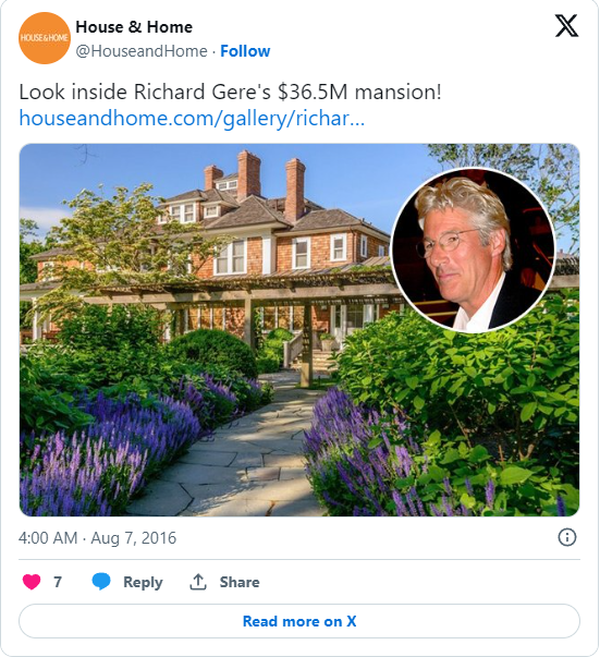 Richard Gere’s acting career was interrupted some years ago. He’s now had to downgrade his lifestyle by relocating somewhere cheaper.