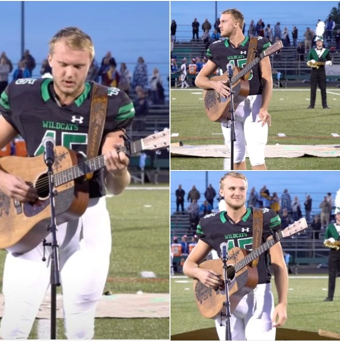 High schooler takes off his helmet and grabs a guitar to sing national anthem