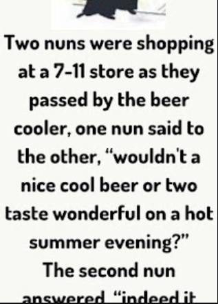 While shopping in a food store, two nuns happened to pass by the beer, wine, and liquor section.