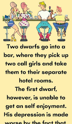 Two dwarfs walk into a bar where they pick up two prostitutes and take them back to their own respective rooms.