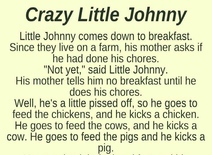 Little Johnny comes down to breakfast. Since they live on a farm, his mother asks if he had done his chores