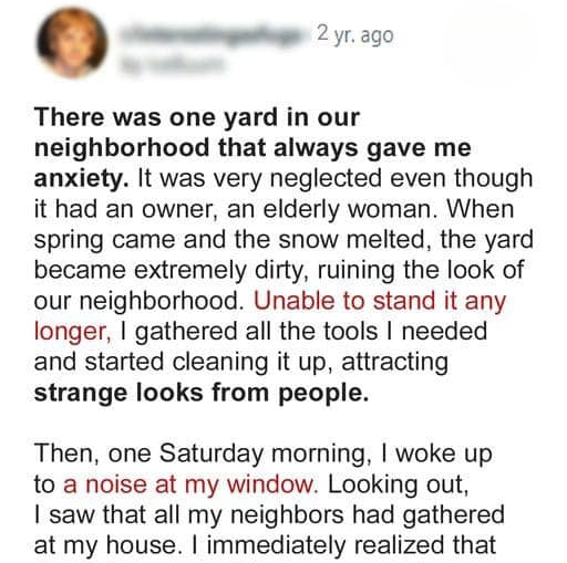 Teen Boy Cleans Old Woman’s Yard All Day, after Which All the Neighbors Gather near Her House