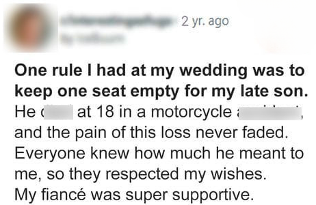 Woman leaves an empty seat for her late son at her wedding and discovers an unfamiliar man occupying it