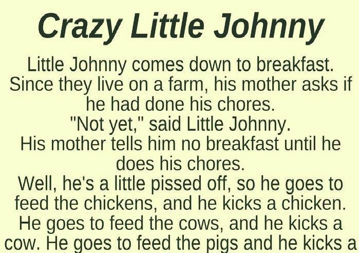 Little Johnny comes down to breakfast. Since they live on a farm, his mother asks if he had done his chores